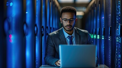 Wall Mural - man using laptop in cloud server datacenter room