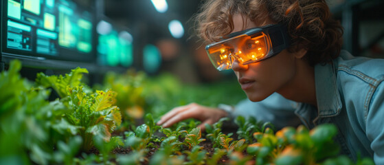 Wall Mural - Young woman in virtual reality glasses looking at seedlings in a greenhouse