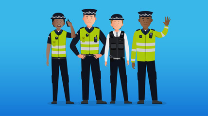 Wall Mural - Simple flat police officers vector characters concept. Friendly policeman and policewoman, smiling and waving. Easy to edit flat modern trendy style.