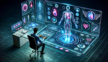 Futuristic medical holographic display shows human body analysis as a doctor interacts with advanced healthcare diagnostic system. Futuristic medicine concept. AI generated.