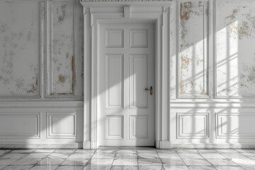 Classic white interior with wooden floor and door