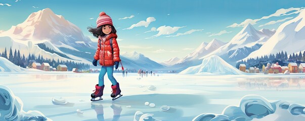 Wall Mural - A joyful girl gliding on ice skates, radiating happiness on the frozen rink.