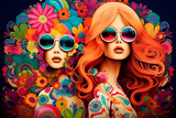 Fototapeta  - Portrait of two glamorous ladies in psychedelic style.