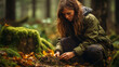 girl in the forest, woods. Woman tourist cuts wooden stick with knife in forest. Bushcraft Survival and Scouting Concept
