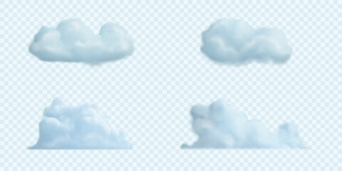 Wall Mural - Set of realistic cotton clouds. Vector icons. Fluffy smoke isolated on light blue sky.