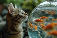 Cat Lifeguard By The Fishbowl: Picture A Cat, Wearing A Lifeguard Whistle, Attentively Watching Over Fish In A Bowl, Embodying A Sense Of Responsibility And Care.