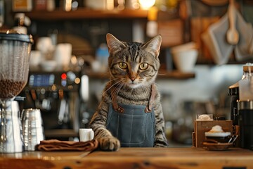 Wall Mural - Cat Coffee Shop Barista: Envision a cat behind a coffee shop counter, donned in a barista apron, skillfully crafting intricate latte art with its agile paws.