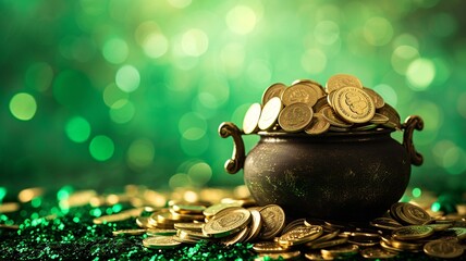 Wall Mural - Golden Treasure Pot Amidst Sparkling Green Bokeh - St. Patrick's Day banner