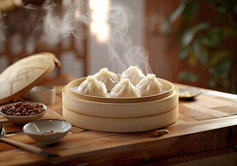Wall Mural - Hot dim sum in a bamboo steamer box, in daylight, on top of dinner table