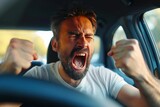 Fototapeta  - A passionate man expresses his excitement while driving his car with his mouth open and fists in the air, creating a sense of exhilaration and freedom within the confines of the vehicle