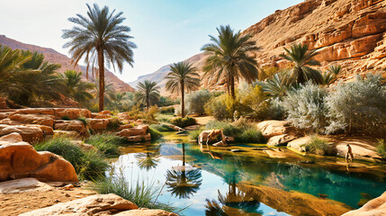 Desert Oasis Landscape with Water and Trees, Natural Beauty, Palm Trees and Rocky Terrain, Middle East Travel