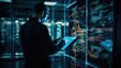 © AUNTYANN STUDIO - Modern Data Technology Server Racks in big room, IT engineer working on data rack, copy space for text