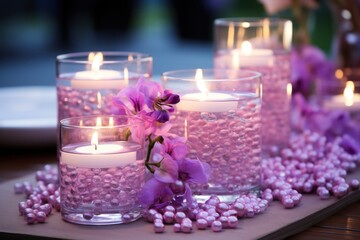 Poster -  a close up of a bunch of candles on a table with flowers in the middle of the table and candles in the middle of the table with flowers in the middle of the table.