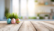 © FJM - Holztisch mit Osterdeko für Produktplatzierung oder Montage mit Fokus auf die Tischplatte, unscharfer Bokeh-Hintergrund in der Wohnung