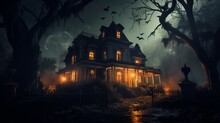 Haunted House With Dark Horror Atmosphere. Neural Network AI Generated Art