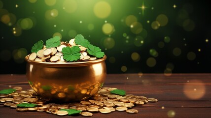 Wall Mural - Pot of Gold with Clovers on Wooden Surface under Green Light - St. Patrick's day concept