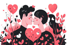 Valentine's Day Celebration With A Vector Drawing Of A Romantic Couple Expressing Love In Flat Color Blocks Of Red, Black, And Pink. Simple, Lively Illustrations With Fluid And Organic Shapes.