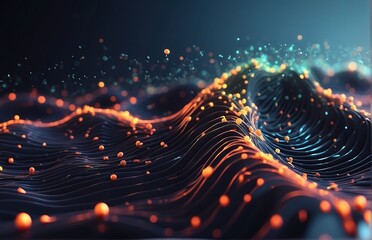 Technology background with connected dots on 3D wave