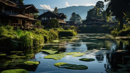 Wall Mural -  a river running through a lush green forest filled with lots of waterlily floating on top of a river surrounded by lush green forest covered hillside covered with trees.