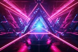 Fototapeta Perspektywa 3d -  abstract background with neon triangle at the end of the virtual geometric tunnel