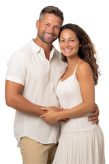 Cheerful Couple in Summer Whites Embracing