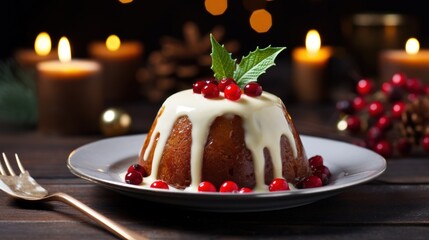  a white plate topped with a bundt cake covered in icing and topped with pomegranates and topped with a sprig of green leaf.