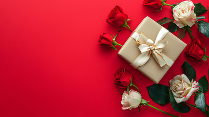 gift box with white ribbon on red background