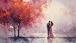  a painting of a man and a woman standing next to each other in front of a tree with red leaves on it and a pink and purple sky behind them.