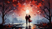  A Painting Of A Man And A Woman Walking In The Rain Under A Red Tree With The Sun Shining Through The Trees And The Street Lampposts In The Background.