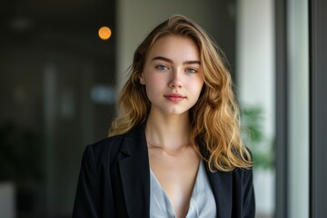 Portrait of young smiling woman looking at camera with crossed arms. Happy girl standing in creative office. Successful businesswoman standing in office with copy space.