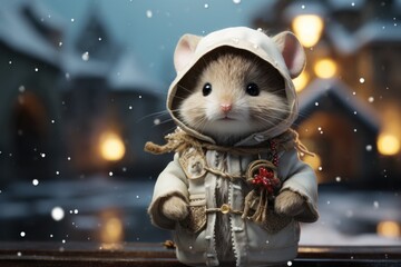  a toy mouse dressed in a white coat and a red button on it's chest, standing in front of a snowy background with lights and snow falling on the ground.