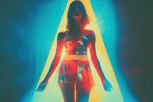  A Woman In A Short Dress Standing In Front Of A Blue And Yellow Light With Her Hands Behind Her Back To The Camera, With A Neon Light Coming From Behind Her.