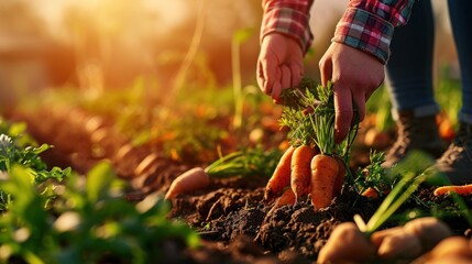  a close up of a person picking carrots from a patch of dirt in a garden with other carrots in the foreground and a person holding a carrot in the foreground.