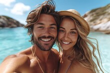 A Couple Captures Their Joyful Vacation By The Ocean With A Smiling Selfie, Showcasing Their Stylish Beach Attire And Sun Hats Against The Backdrop Of A Clear Blue Sky And Glistening Water