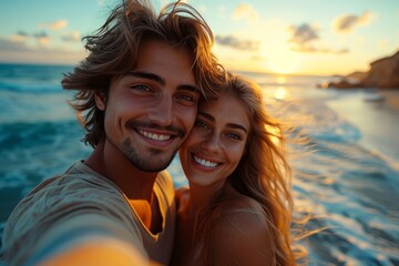 A blissful couple captures their love and joy in a sun-kissed selfie by the ocean during their romantic honeymoon vacation, with beaming smiles, stylish clothing, and a stunning sunset sky as the per