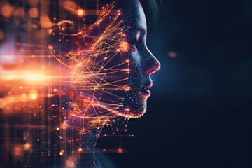 Big data and artificial intelligence concept. Machine learning and cyber mind domination concept in form of women face outline outline with circuit board and binary data flow on blue background.