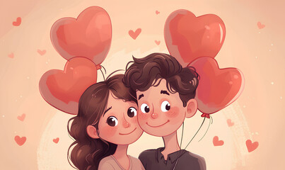 Wall Mural - Happy young couple with heart-shaped balloons on color background in cartoon style. Valentine day