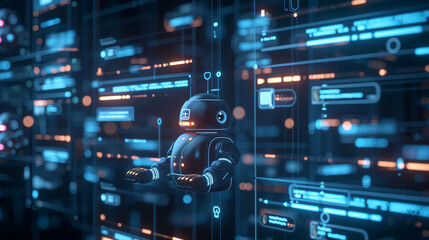 Multiple screens displaying various chat bot conversations, chat bot concept, dynamic and dramatic compositions, with copy space