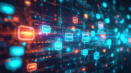 A digital landscape featuring an array of chat icons and AI elements, chat bot concept, dynamic and dramatic compositions, with copy space
