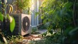 A small air conditioner placed in the middle of a garden. Suitable for illustrating the concept of outdoor cooling solutions