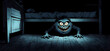 Scary nightmare monster under a kid bed. Cartoon style.