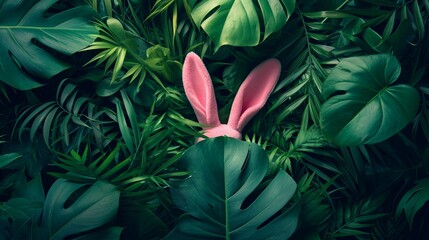  Green Tropical Palm Leaves with Pink Easter Bunny Ears - AI Generated