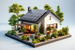 Haus mit Solarzellen auf dem Dach, freigestellt vor neutralem Hintergrund, Generative AI