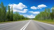 © @_ greta - highway in the grassland background of blue sky and bright clouds, long road stretches into the distance. empty street on a beautiful sunny day