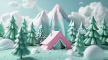 Whimsical Camping Scene With A Pink Tent Nestled Among Teal Pine Trees And Snow, Against A Mountain Backdrop. Ideal For Outdoor Adventure Themes.