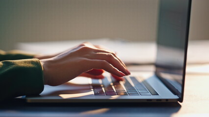 Wall Mural - woman hands typing keyboard laptop close up. girl freelancer working on notebook