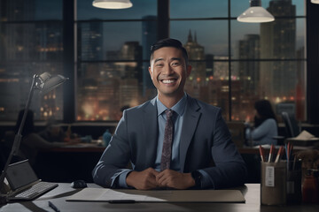 Asian businessman smiling at work behind a desk. Rich man businessman. Professional career. World of work. Work in a company. AI.