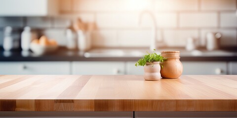 Blur kitchen interior background with wood countertop (or kitchen island) - suitable for displaying or showcasing products (foods).