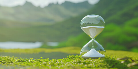 Hourglass in front of a nature background, spring and vacation atmosphere, time passing, environmental issues, responsible environmental dates, Ecological concept