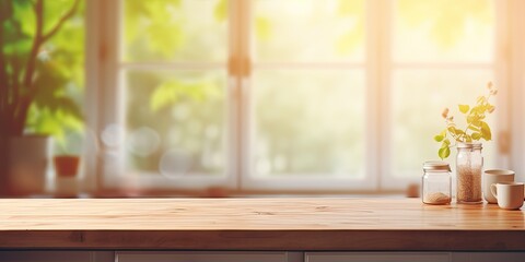 Wall Mural - Morning blurred kitchen wooden table near window.